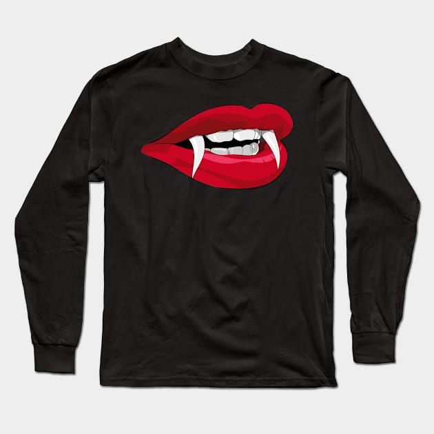 Red Glam Vampire Lips Long Sleeve T-Shirt by VernenInk